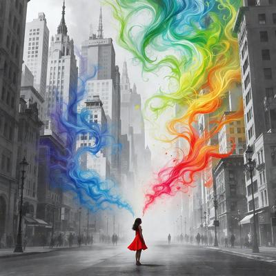The primary subject of the image is a woman standing on a city street. She is wearing a red dress and appears to be walking down the street. The setting is a city environment, with buildings and a street visible in the background. The visual style of the image is a combination of photo and digital art, creating a unique and artistic representation of the woman in the city. The colors and mood of the image are predominantly dark, with the woman standing out as the focal point.